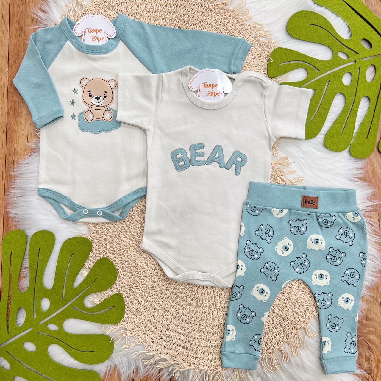 Conj. de Malha 3 peças - Bear com Estrelinhas - Verde Menta e Gelo